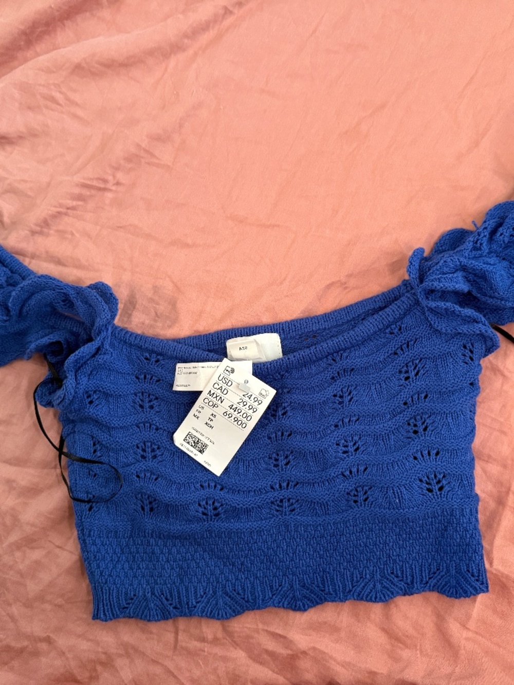 H & M Blue off the shoulder crop top with ruffled sleeves
